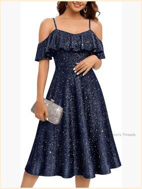 Off The Shoulder Sequin Glitter Midi Dress For Wedding Guest Prom